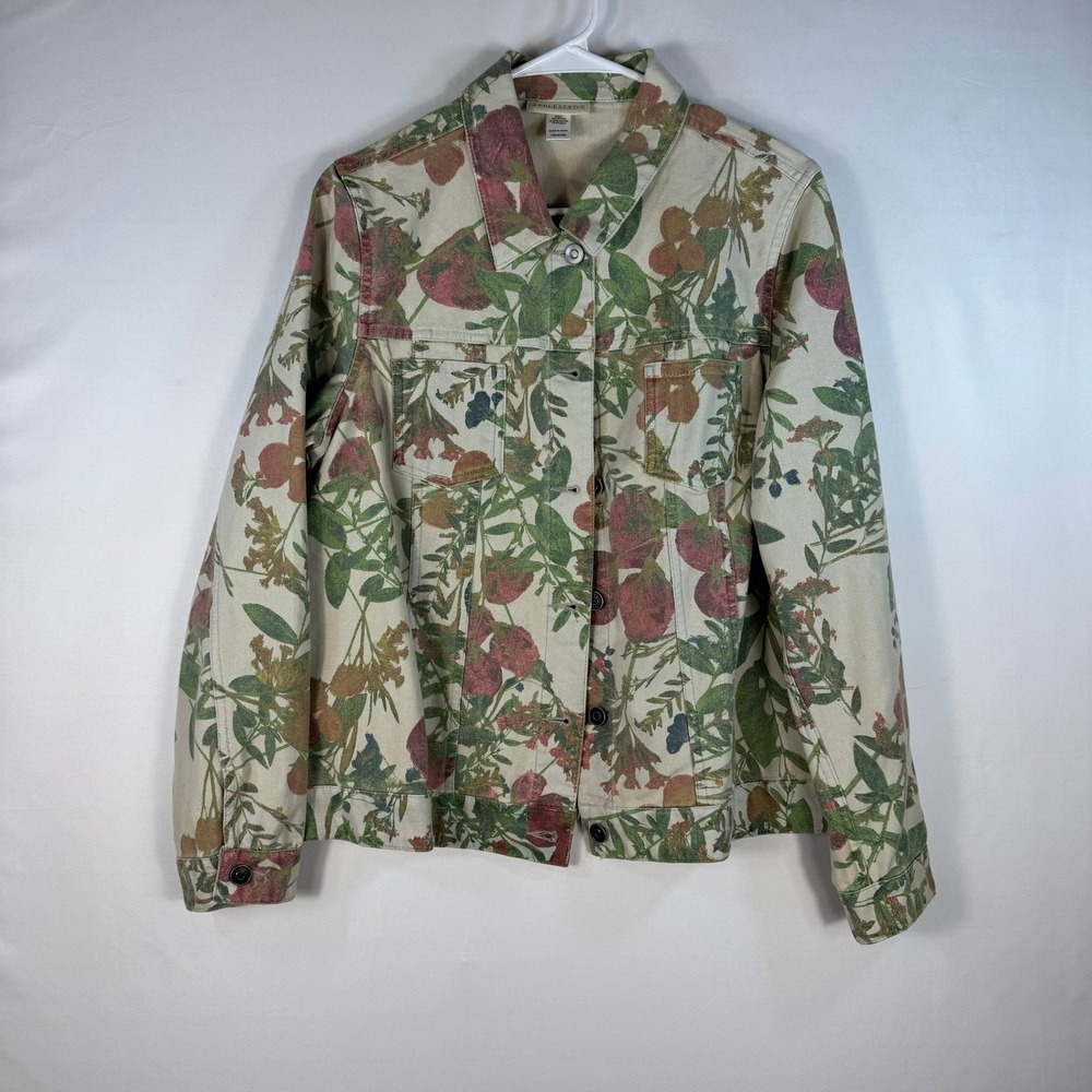 Appleseeds Womens Floral Fruit Print Denim Jacket Beige Stretch Cotton A31899 L